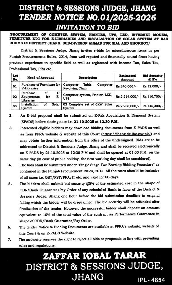 District & Session Court Jhang Tender Notice
